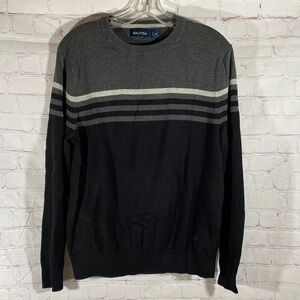 Nautica Gray and Black Striped Crewneck Sweater